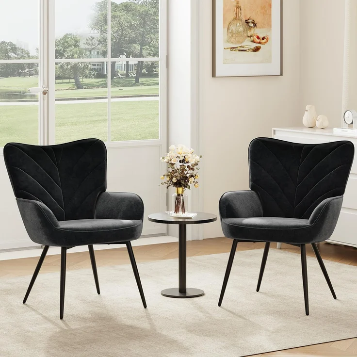COLAMY Wohnzimmer Sessel 2er Set, Samtbezogener Relaxsessel mit hoher Rückenlehne, Gepolsterter Komfortsessel mit Wingback-Design, Lounge Chair mit Holzbeinen für Wohnzimmer, Leseecke, Schwarz