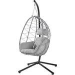 BAKAJI Hängesessel für den Garten, Schaukelstuhl, Hängematte für den Außenbereich, Gestell aus Metall, Nest aus Rattan und Seil + gepolstertes Sitzkissen und Kopfstütze, 198 x 110 x 95 cm (Grau)