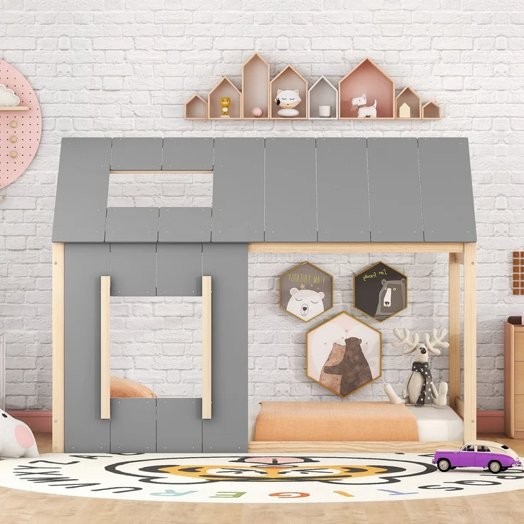 Kinderbett 90x200 cm in Hausform, Montessori Bett mit Dach und Fenster,offenes Design zum Dekorieren,Natur & Grau – Bild 1