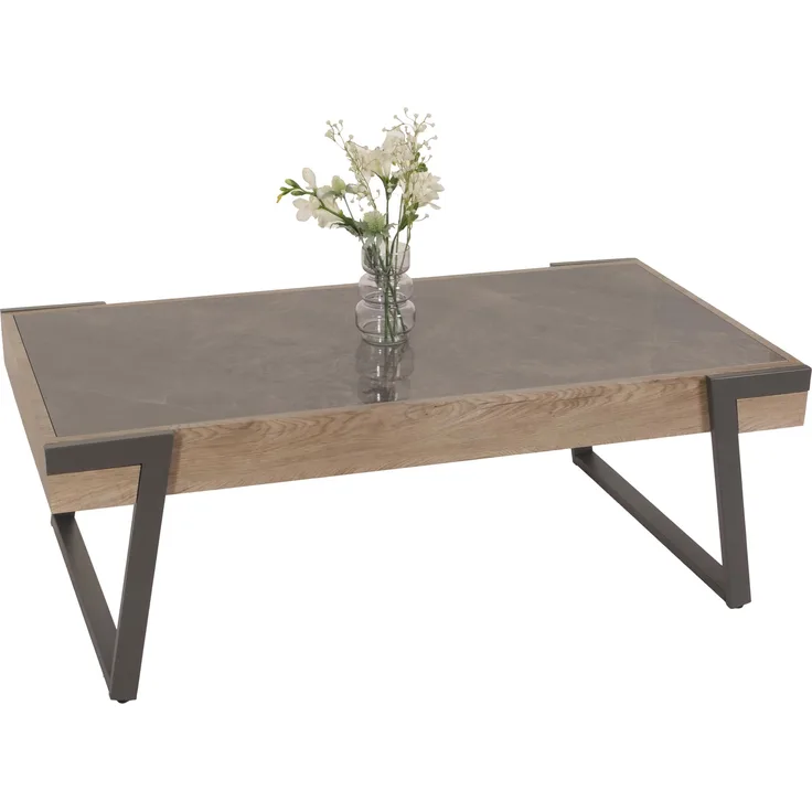 Couchtisch HWC-L89, Sofatisch Wohnzimmertisch, Eisen 43x120x64cm Sinterstein Marmor-Optik grau Holz grau-braun