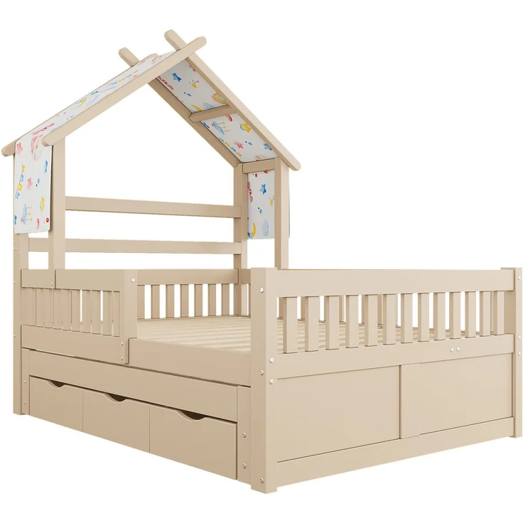 Hausbett mit Ausziehbett, Schubladen, Lattenrost, Zaun und Dach, 140x200 cm, Kinderbett mit Rausfallschutz, Kiefer – Bild 9