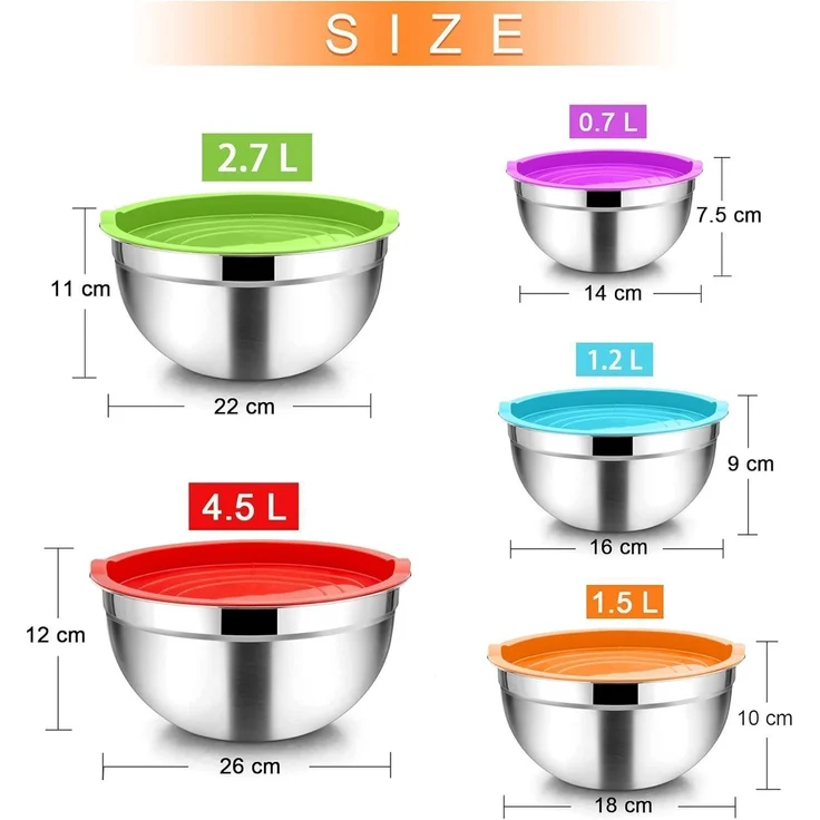 Homikit Edelstahl Rührschüssel Set 5 Stück mit Deckel für Küche 4.5 L / 2.7 L – Bild 2