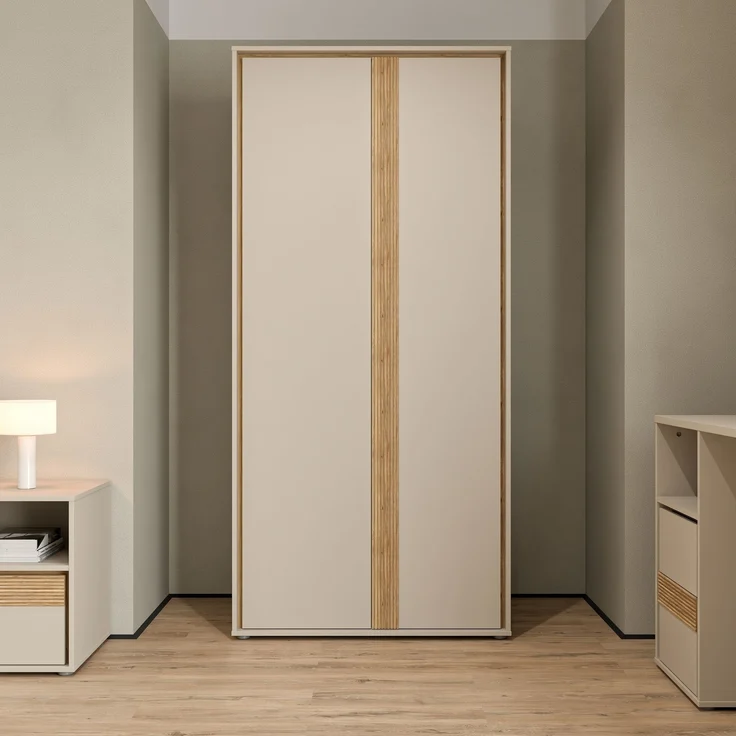 Drehtürenschrank >WEXLIN< 5 Böden, sandfarbig / Mauvella Eiche Dekor - 91,3x193,7x60cm (BxHxT) – Bild 2