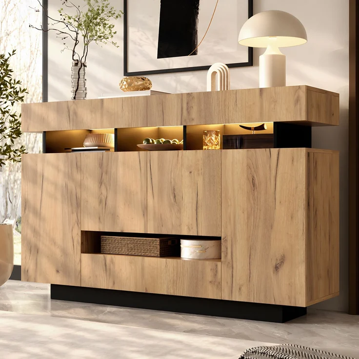 Sideboard B 140 x T 35 x H 90 cm aus Spanplatte in Natur/Schwarz mit RGB-Beleuchtung – Bild 3