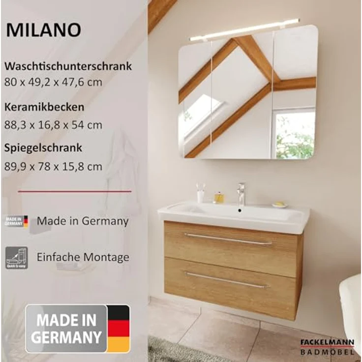 FACKELMANN MILANO Waschtisch Set mit Spiegelschrank 88 cm breit, Braun hell, Waschbecken Keramik Weiß – Bild 3