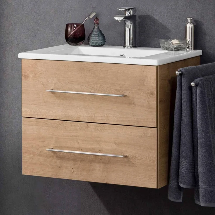 FACKELMANN B.PERFEKT Waschbecken mit Unterschrank 62 cm breit, Braun hell, Waschbecken Keramik Weiß – Bild 2