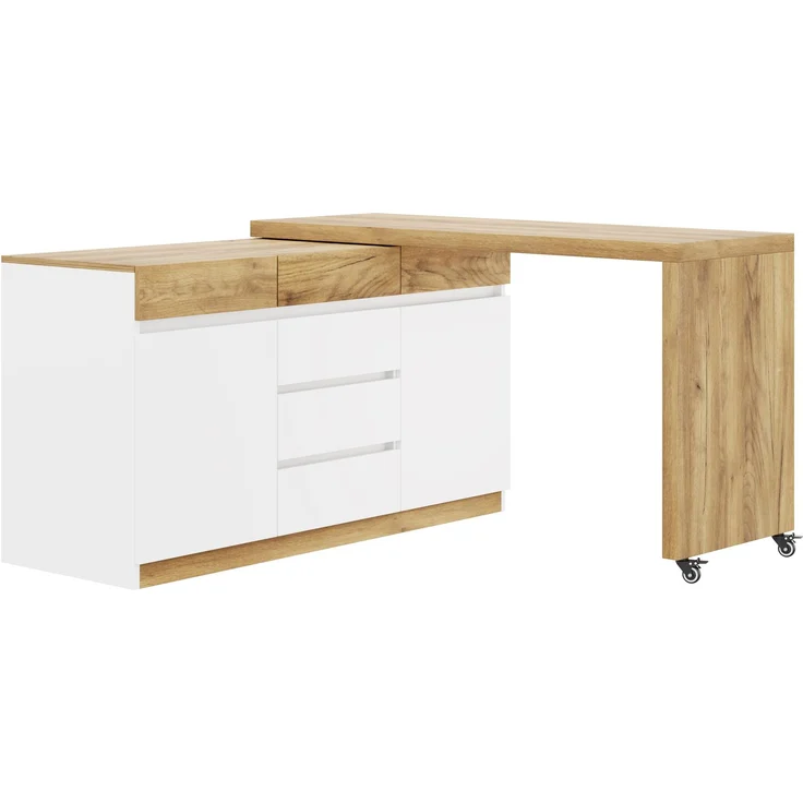 ZUBALIYA Schreibtisch mit feststellbaren Rollen – multifunktionales Design, 4 cm dickere, drehbare Tischplatte, fest arretierbar, weiß/Eiche, Faltbarer Schreibtisch, Eckschreibtisch, Sideboard,Dicke Materialie – Modell N880P5298689O – Bild 11