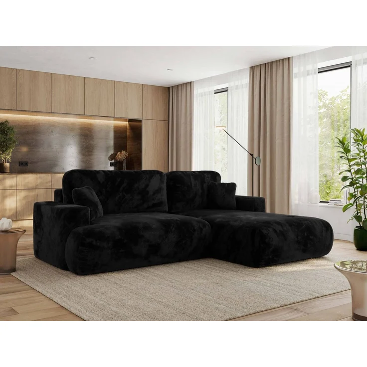 Ecksofa OVO mit schlaffunktion und bettkasten, Wellenfeder, lose Kissen, L-form 271x195 cm - Schwarz Plüsch - rechte Seite – Bild 1
