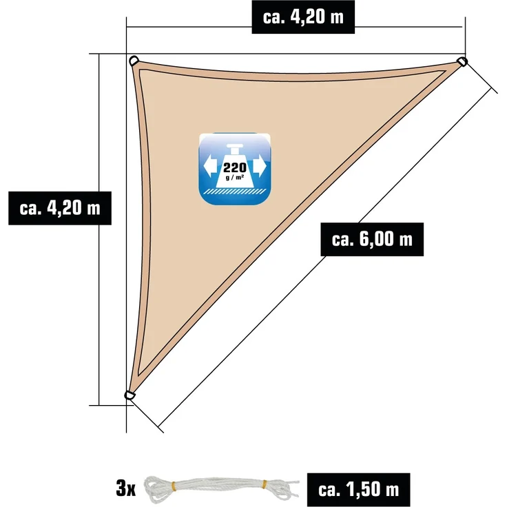 4,2x4,2x6 Sonnensegel Atmungsaktiv mit Befestigung Beige – Bild 3
