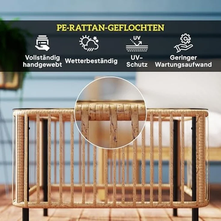 Outsunny Gartentisch aus Polyrattan, mit Glasplatte (quadrarischer Terrassentisch, 1-St, wetterfest Beistelltisch), 65 x 65 x 43 cm, für Garten, Terrasse, Balkon Naturholz – Bild 5