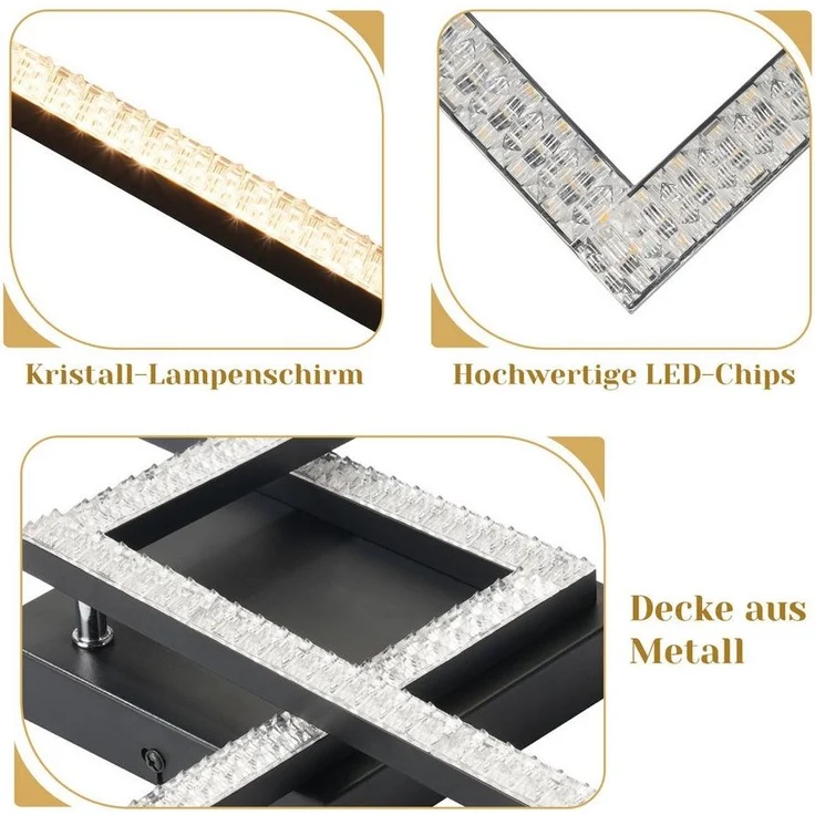 Nettlife LED Deckenleuchte Wohnzimmer Kristall Schwarz 3000K Modern Eckig Metall Deckenlampe, LED fest integriert, Warmweiß, Schlafzimmer Flur Küche – Bild 3