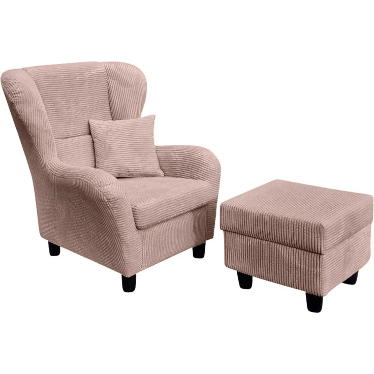 Ohrensessel mit Hocker Landhausstil Polster-TV-Lesesessel Cordstoff Rosa – Bild 1