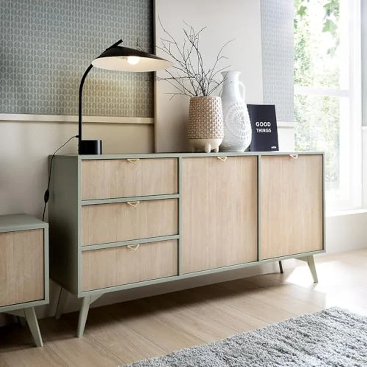 Lomadox Sideboard FAREHAM-160, 158cm breit, eukalyptusfarben, Front mit Fischgrätenmuster – Bild 2