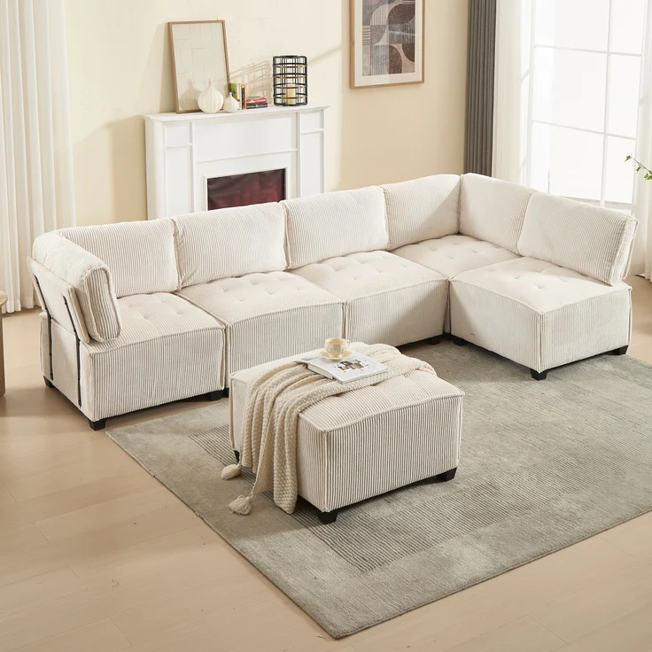 Modulares 6-Sitzer Sofa, ca. 308x154x82 cm, Beige Cord, mit Seitentaschen – Bild 1