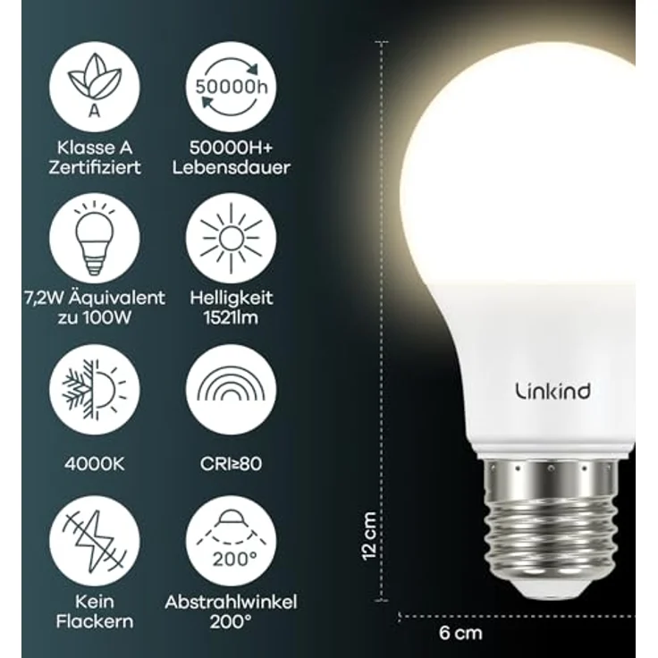 Linkind 7.2W LED E27 100W, A-Klasse Lampe A60 7,2W ersetzt 100W, 1521 lm Extra hell, 4000K Neutralweiß, 50,000 Std. Leuchtdauer, Energiesparlampe E27 Glühbirne Matt, 6 Stück – Bild 3
