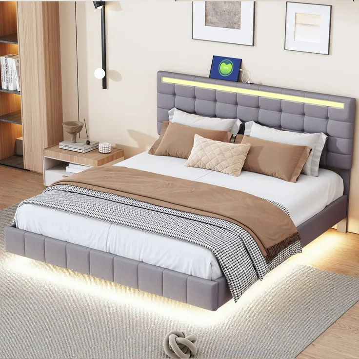 Merax Polsterbett 160 x 200 cm, gepolsterter Schwebebettrahmen mit LED-Leuchten, Doppelbett, Gästebett, Leinen, Grau