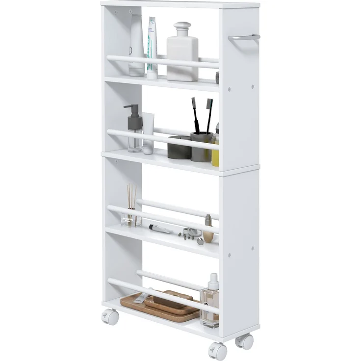 MELAYR, Multifunktionsregal mit Rollen, schmale Bauweise, 4 Fächer, 45x15x91 cm, Weiß – Bild 2