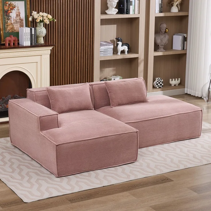LVHOM Ecksofa 2 Sitzer, Modulares Sofa 235 cm breit, L-Form Sofa mit 2 Kissen, Schlafsofa aus Cordstoff, kein Aufbau erforderlich, Rosa