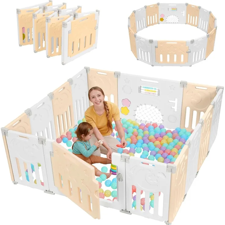 Dripex Faltbarer Laufstall Baby 150×150cm, Laufgitter Baby, Baby Playpen, Baby Laufstall mit Spielzeugboard, Laufstall in Anpassungsfähiger Form, Laufgitter aus Kunststoff, Gelb