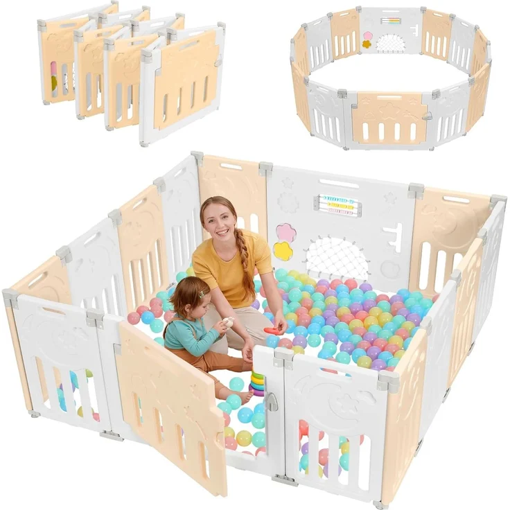 Dripex Faltbarer Laufstall Baby 150×150cm, Laufgitter Baby, Baby Playpen, Baby Laufstall mit Spielzeugboard, Laufstall in Anpassungsfähiger Form, Laufgitter aus Kunststoff, Gelb