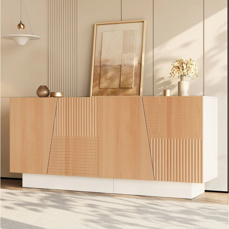 Sideboard aus MDF und PB mit 4 Türen, Rillenstruktur und höhenverstellbaren Einlegeböden, 160x40,5x72 cm, Natur/Weiß – Bild 2