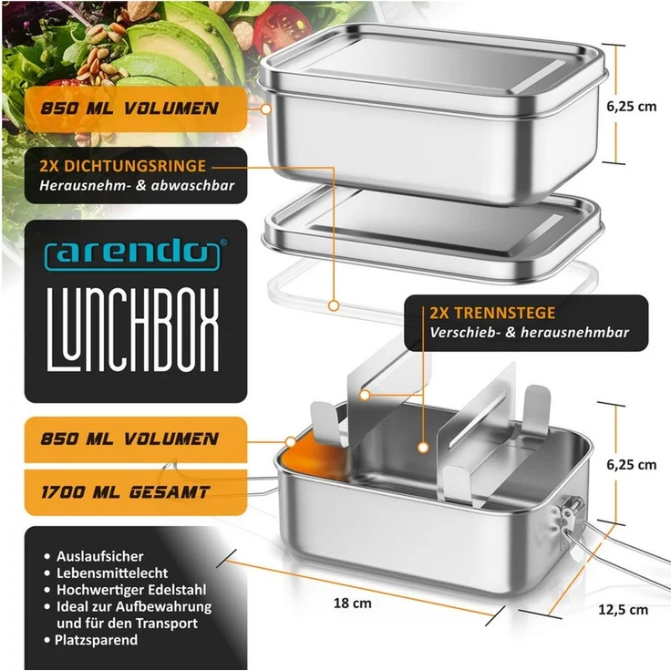 Arendo Lunchbox Meal Prep Box Edelstahl 1700 ml, 2 Ebenen, 4 Trenneinsätze, Brotdose, Edelstahl, (1-tlg, 2 Trennstege, 2 Silikondichtungen), für Erwachsene, 2x 850 ml, Silikon-Dichtung, spülmaschinenfest – Bild 2
