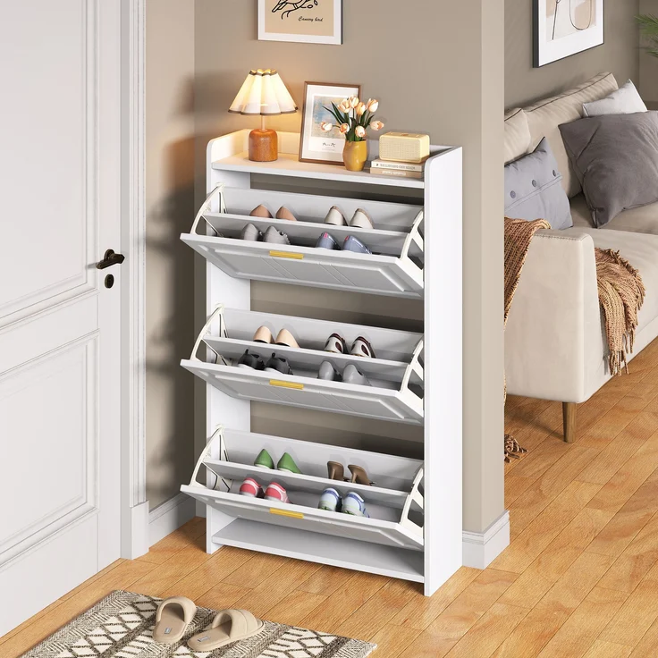 Schuhschrank 70x24x120 cm weiß 2 Klapptüren 6 Fächer Ablagefläche – Bild 5