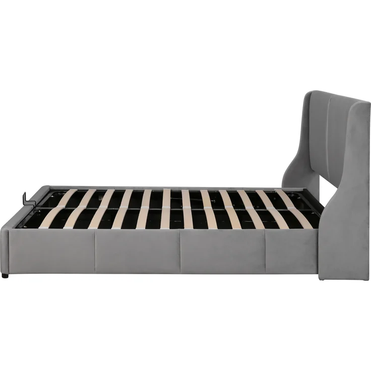 Samt Polsterbett mit Ohrenform, hydraulischem Stauraum & Kissenkopfteil, 140x200 cm, grau, ohne Matratze – Bild 4