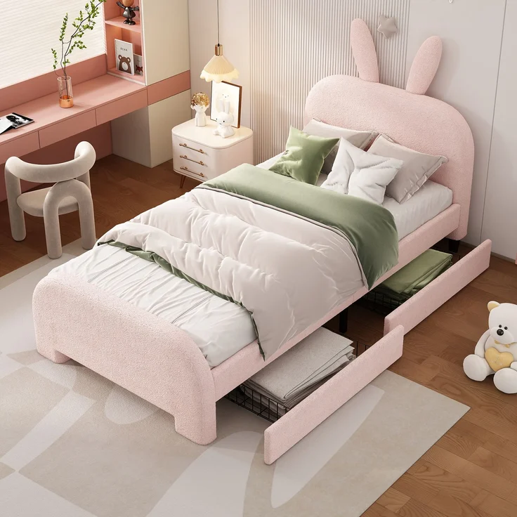 Kinderbett 90x200 Rosa mit Kaninchen-Kopfteil und 2 Schubladen,Gepolstertes Bett aus Lammwolle und MDF, Cartoon Bunny Design – Bild 2