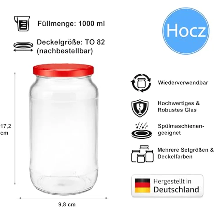hocz 100x Einmachgläser 1 Liter | mit Deckel Rot TO 82 | leere Gläser mit Schraubdeckel zum befüllen 1 L | 1000 ml Sturzgläser, Schraubgläser, Marmeladengläser Set | 100 Stück – Bild 2