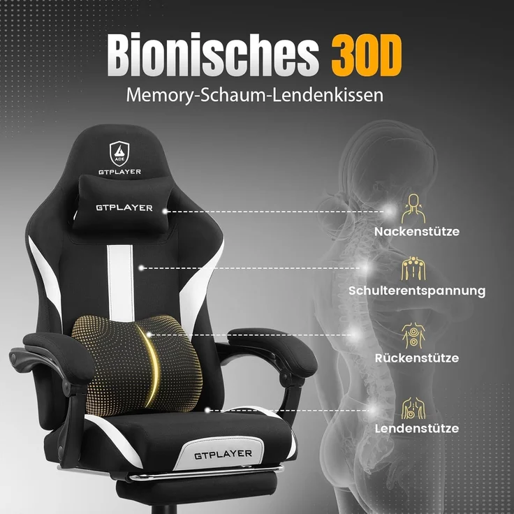GTPLAYER Gaming Stuhl, Gamer Stuhl, Atmungsaktiver Bürostuhl aus Hochwertigem Stoff, Ergonomischer PC-Stuhl, Verstellbarer und Drehbarer Schreibtischstuhl mit Fußstütze Schwarz – Bild 4