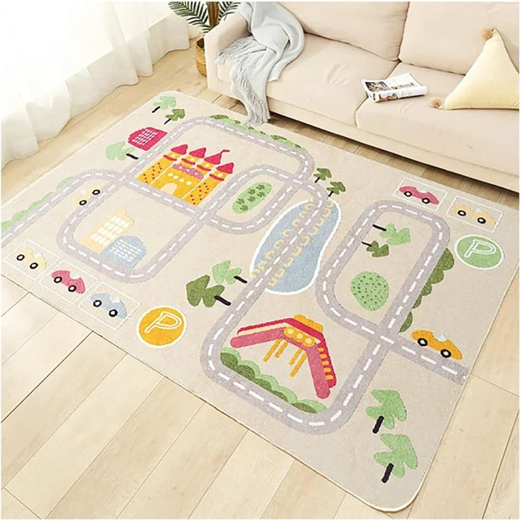 TYKTZXY Kinderteppich Spielen Teppich Straße Auto Tier Universum Blau Grün Grau(100×180cm,39×71inch) – Bild 1