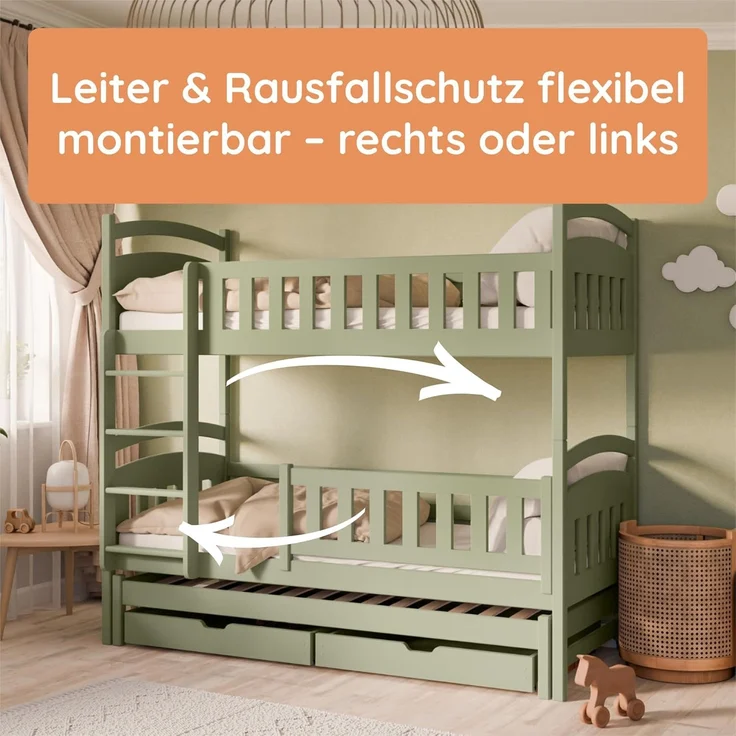 Kids Collective Etagenbett Hochbett Stockbett Kinderbett 90x200 cm mit Ausziehbett und Schubladen, Umbaubar zu 3 Einzelbetten mit Lattenrosten & Rausfallschutz, Olivgrün – Bild 5