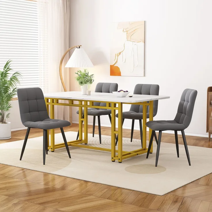 Esszimmer-Set 5-teilig mit Tisch 120x70 cm & 4 Grau Samtstühlen, Gold-Metallbeine,für Esszimmer und Wohnzimmer