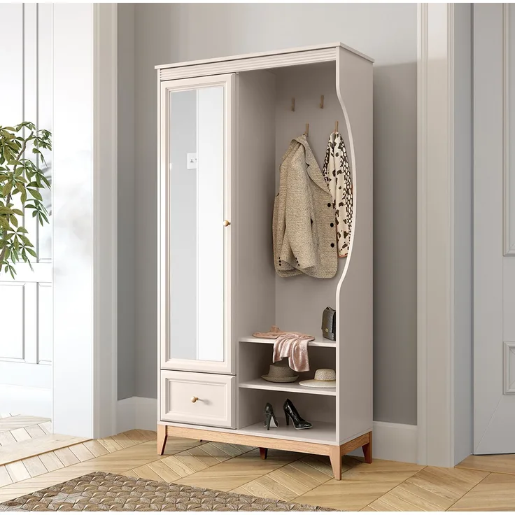 MEBLINI Garderobenschrank Flur mit Spiegel - TUDOR - 100x40,5x193cm – Kaschmir - Garderobe Schrank - Flurgarderobe schmal - Garderobe Flur Möbel Set - Flurschrank hoch