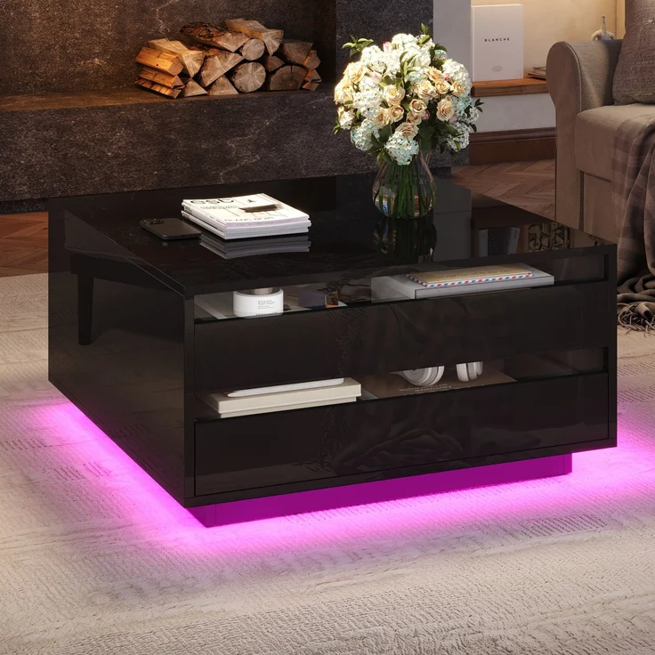 Couchtisch mit Liftfunktion und LED, quadratischer Wohnzimmertisch 70 x 70 x 38 cm, schwarz Hochglanz, Acryl-Perspektivdesign – Bild 5