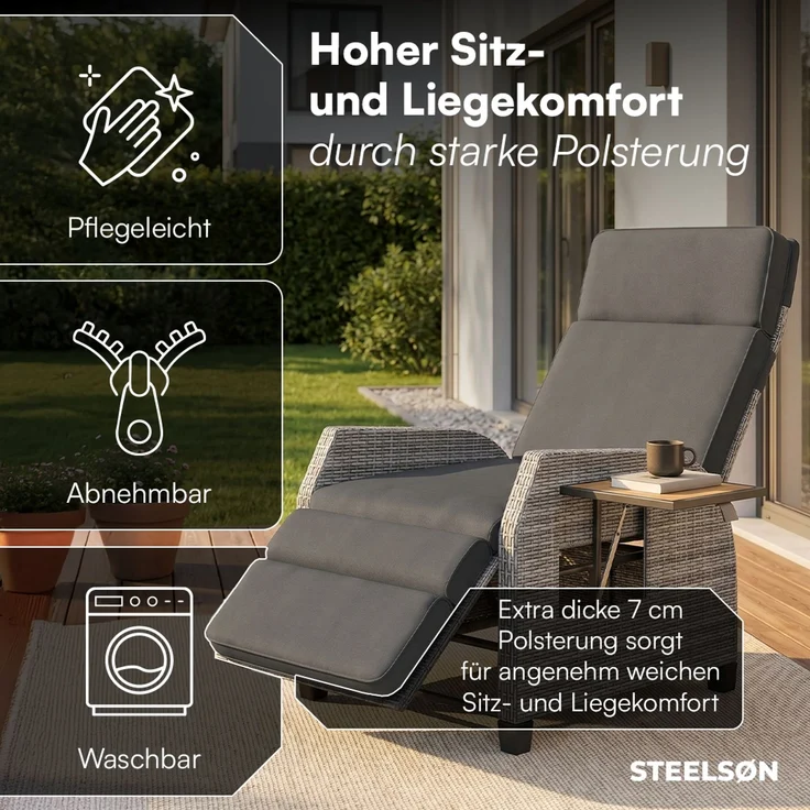 STEELSØN 'Caelum' Polyrattan Sessel mit Liegefunktion, grau-meliert/Akazie, verstellbare Rückenlehne, inkl. Polster, Ausklapptisch, wetterfest – Bild 4
