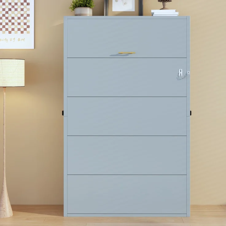 Merax Schrankbett, 90x200 cm Murphy-Bett, Metallrahmen-Wandklappbett, Faltbett Kombination aus Metallrahmen und Holzplatte, mit Verriegelbarer Wandbefestigung, Grau – Bild 3
