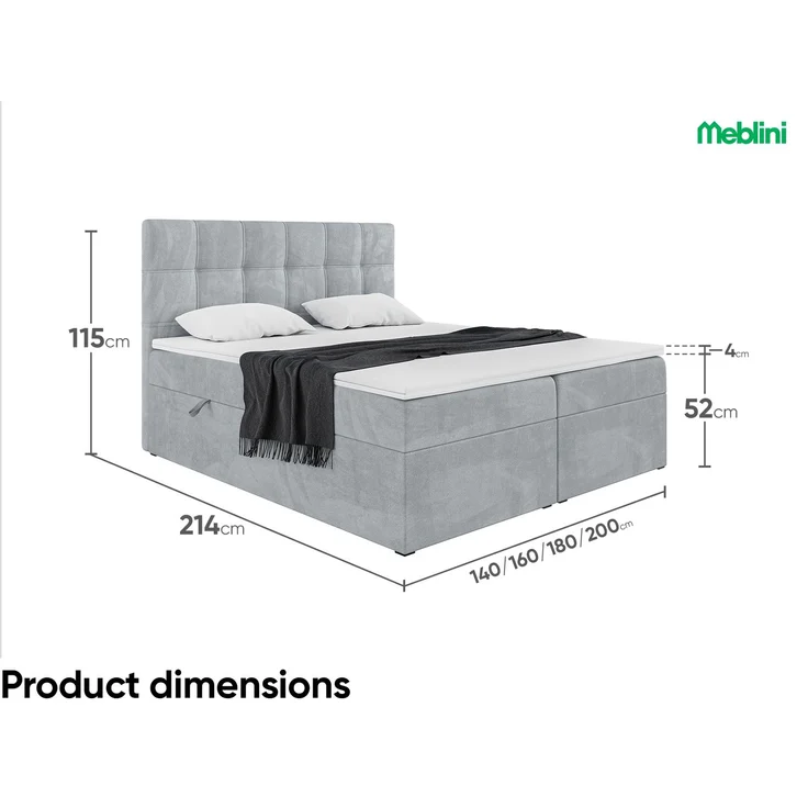 MEBLINI Boxspringbett KAI 140x200cm - H3/Hellgrau Samt - mit Bettkasten - Gepolstert Doppelbett mit Matratze und Topper - Polsterbett mit Stauraum - Bett mit Kopfteil – Bild 7