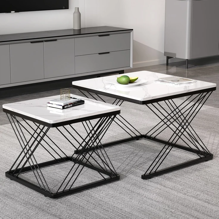 2-teiliges Couchtisch-Set in Weiß mit hochglänzender Marmoroptik, quadratische Beistelltische aus MDF mit höhenverstellbaren Füßen – Bild 4