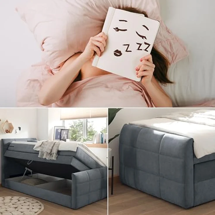 KUBA 2 Boxspringbett 120x200 mit Bettkasten, Anthrazit - Bequemes Bett mit 7-Zonen-Federkern Matratze & Komfortschaum Topper - 123 x 113 x 220 cm (B/H/T) – Bild 8