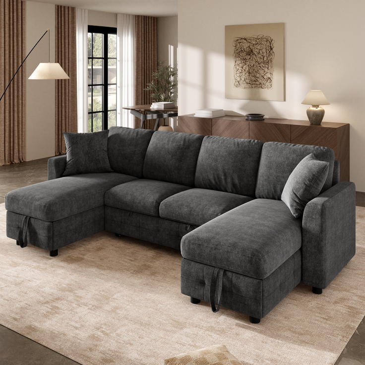 Merax U-Form Chenille Sofa mit Schlaffunktion, Schlafsofa mit 2 Stauraum-Chaiselongues, ausziehbares Schlafsofa mit 1× USB & 1× Type-C Ladeanschluss, mit 2 Kissen, Grau, 260×128×82 cm – Bild 3