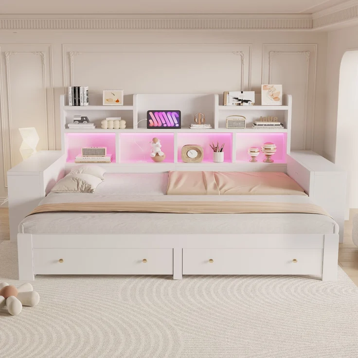 Ausziehbett 90/180×200 cm mit Schubladen und LED-Beleuchtung, Weiß, ohne Matratze – Bild 4