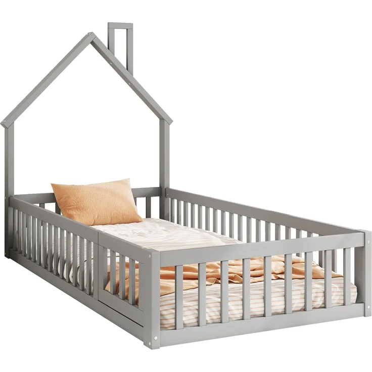 Kinderbett Hausbett 90x200 cm mit Schornsteinform, flaches Bett mit Lattenrost,Sicherheitsgitter für Sturzschutz, kreatives Design, Grau – Bild 6