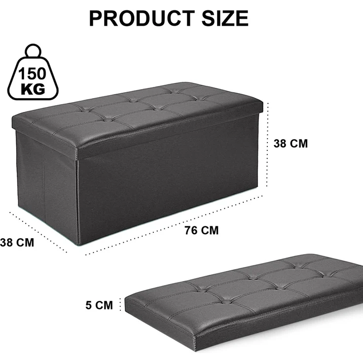 Todeco - Sitztruhe, Kunstleder Sitzhocker - Maximale Belastbarkeit: 150 kg - Material: Kunstleder - Abgenähtes und gesticktes Finish, 76 x 38 x 38 cm, Schwarz – Bild 5
