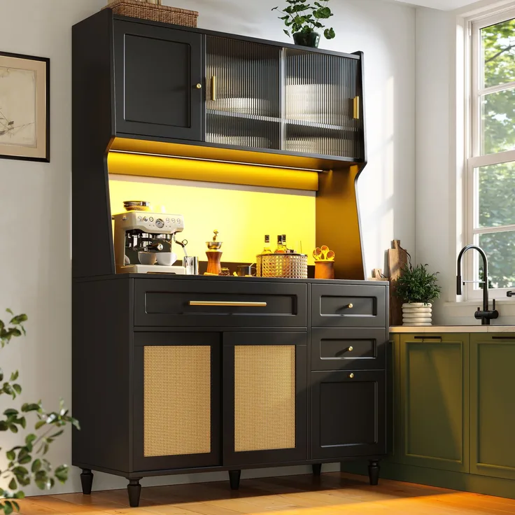 Küchenschrank, Hochschrank,Vitrinenschrank, Buffetschrank mit Verstellbaren Ablagen, Esszimmerschrank mit 3 Schubladen,Sideboard mit LED-Beleuchtung, PE-rattan, schwarz--Schwarz--120x45x195.5cm--YOUDENOVA