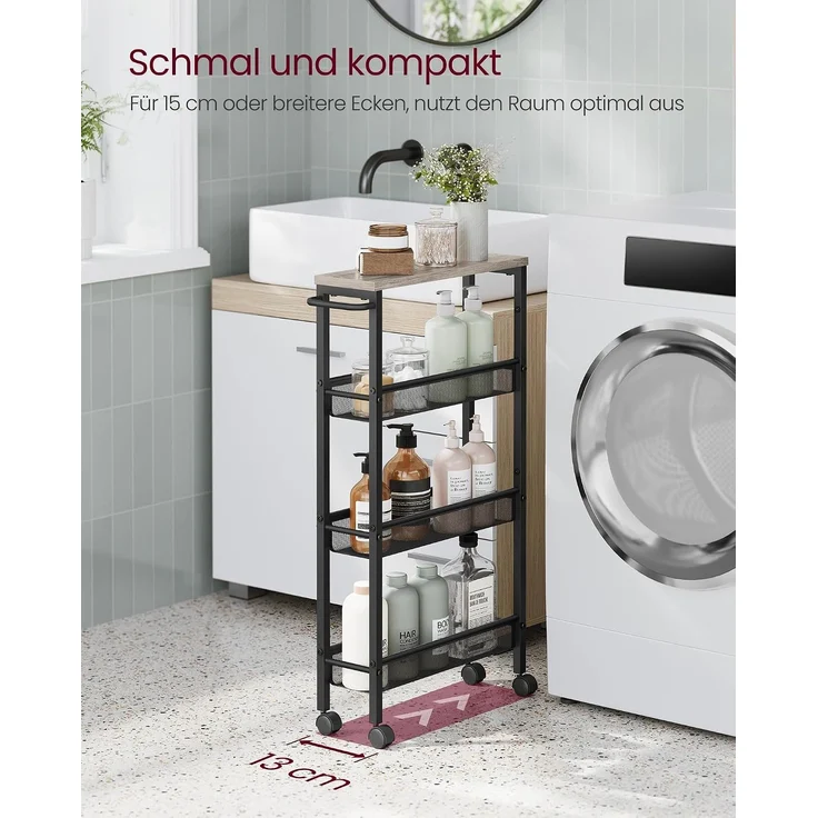 VASAGLE Rollwagen 4 Ebenen, Küchenwagen schmal, Nischenregal, Küchenregal auf Rollen, Stahlgestell, Griff, für kleine Räume, Küche, Bad, Wohnzimmer, Arbeitszimmer – Bild 4