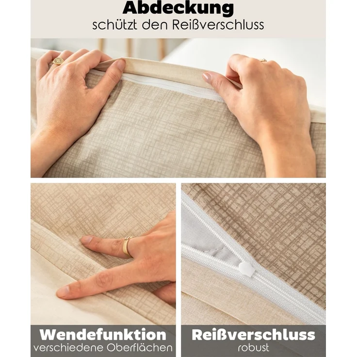 dibea Edel-Renforcé-Wendebettwäsche Beige – 155x220 cm Bettdeckenbezug & 80x80 cm Kissenbezug, 100% Baumwolle, mit Reißverschluss – Bild 3