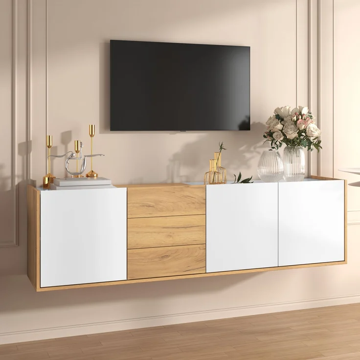 TV-Lowboard aus MDF mit 3 Türen & 3 Schubladen, 171,5x35x47 cm, Weiß/Holzfarben – Bild 5