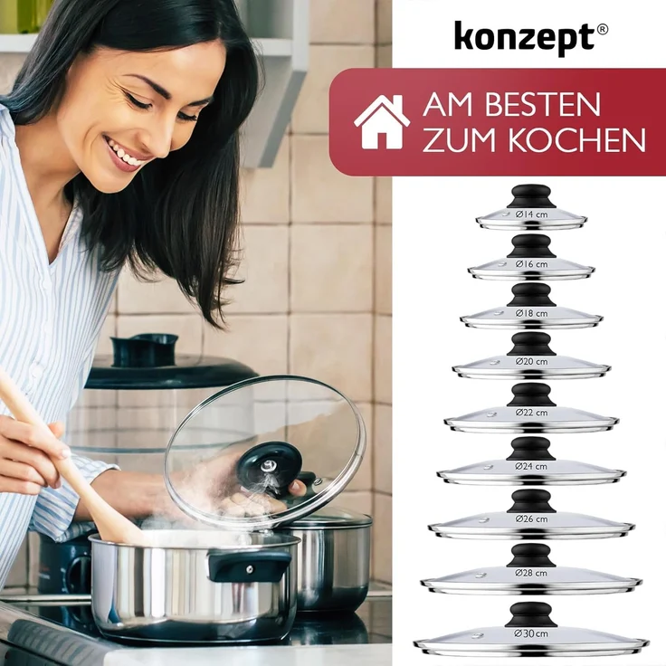 KONZEPT Topfdeckel Topfdeckel aus Glas Verschiedene Durchmesser, Ø 14 - 30 cm, Dampfauslass, spülmaschinengeeignet – Bild 6